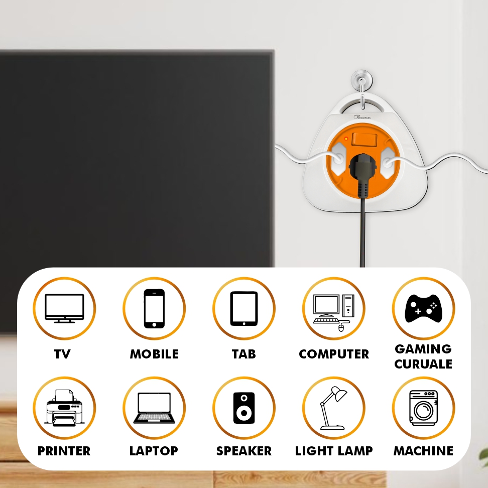 Crompass 2-Pin Flex Box with 5 Meter Pure Copper Cord | Universal 3-Pin & 2-Pin Sockets | Master Power Switch with LED Indicator | Safety Sleeve & Cable Guard | Heavy-Duty Polycarbonate Body for Home, Office & Industrial Use