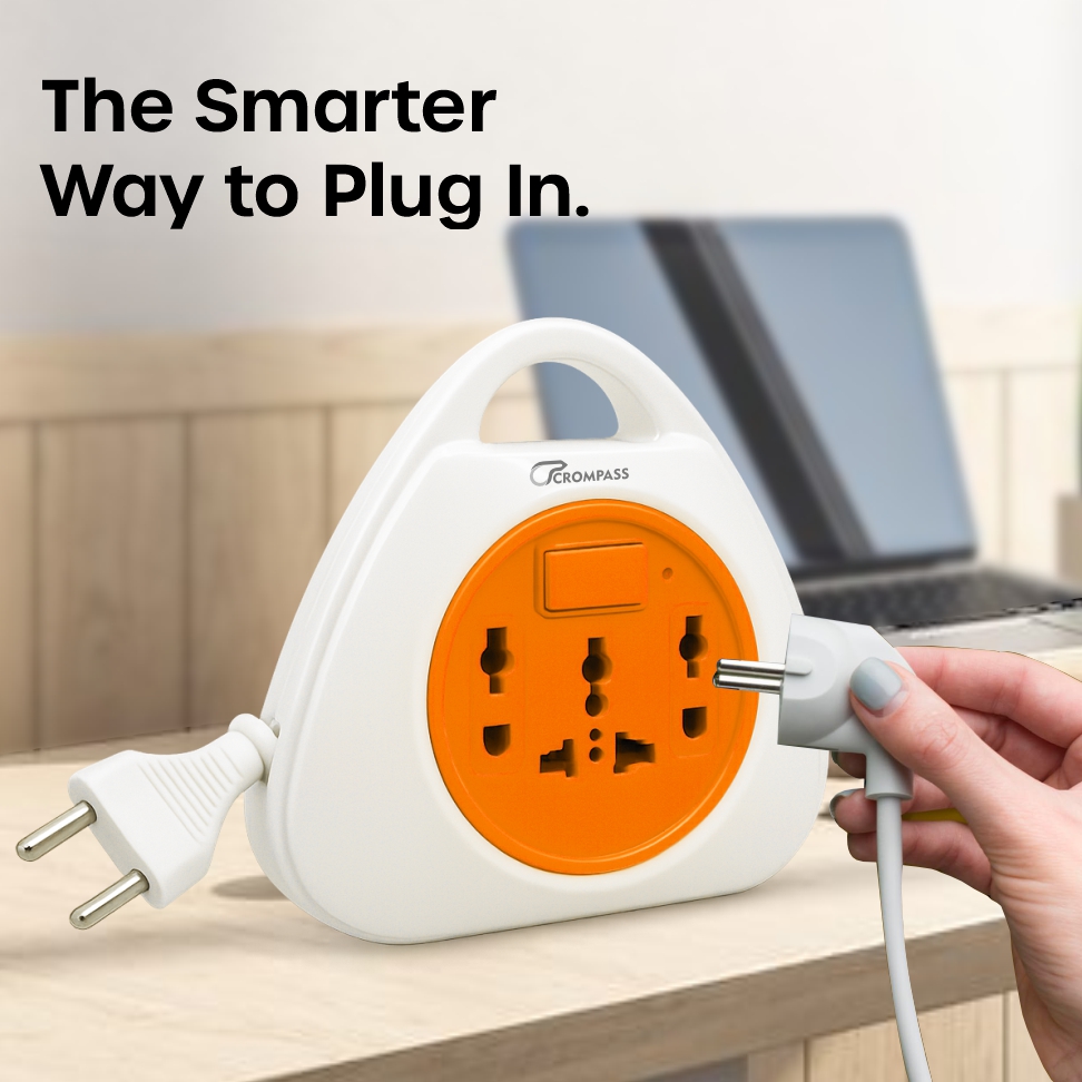 Crompass 2-Pin Flex Box with 5 Meter Pure Copper Cord | Universal 3-Pin & 2-Pin Sockets | Master Power Switch with LED Indicator | Safety Sleeve & Cable Guard | Heavy-Duty Polycarbonate Body for Home, Office & Industrial Use