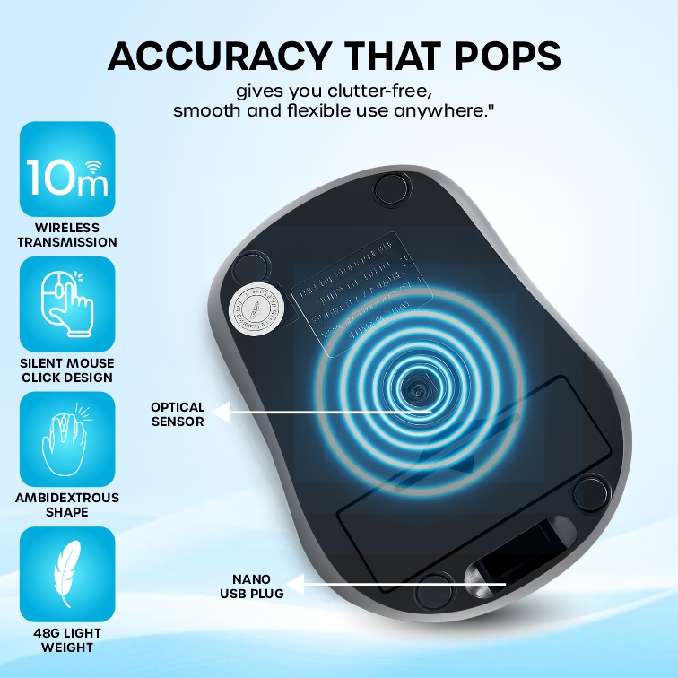 Crompass W3100 2.4GHz Wireless Optical Mouse | Adjustable 3-Level DPI (800/1200/1600) | High Precision & Power-Saving | Lightweight & Ergonomic Design | Compatible with Mac, Laptop, and PC Black & Blue