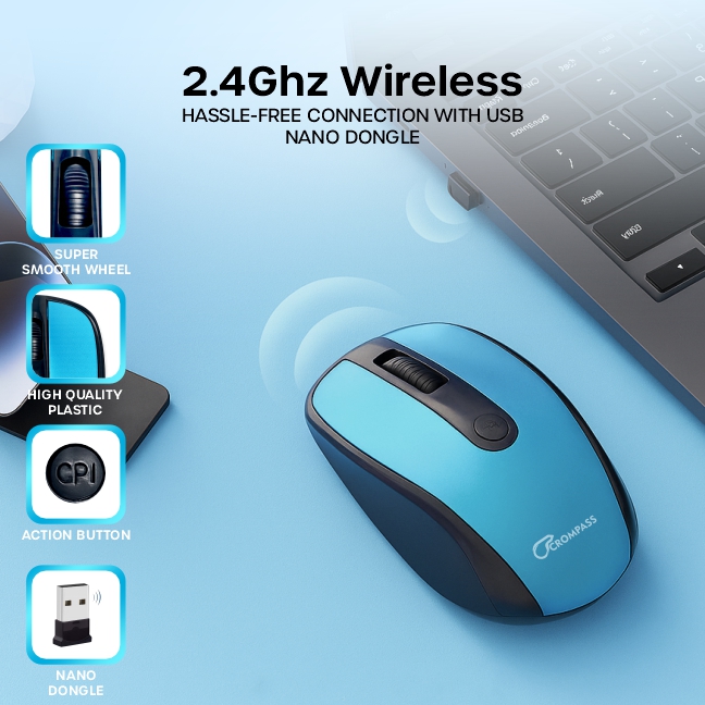 Crompass W3100 2.4GHz Wireless Optical Mouse | Adjustable 3-Level DPI (800/1200/1600) | High Precision & Power-Saving | Lightweight & Ergonomic Design | Compatible with Mac, Laptop, and PC Black & Blue