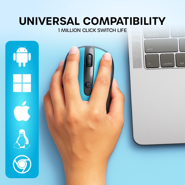 Crompass W3100 2.4GHz Wireless Optical Mouse | Adjustable 3-Level DPI (800/1200/1600) | High Precision & Power-Saving | Lightweight & Ergonomic Design | Compatible with Mac, Laptop, and PC Black & Blue