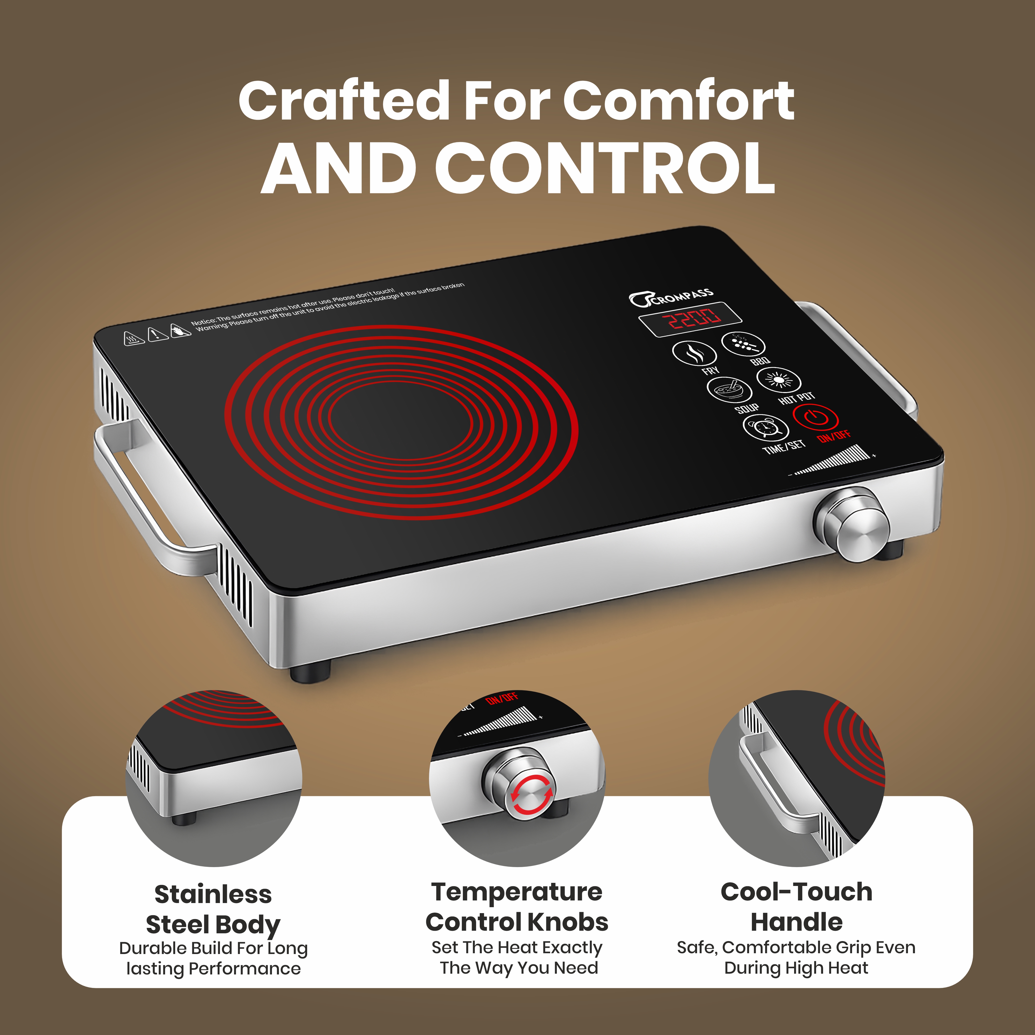 2200 Watt Infrared Cooktop with Crystal Glass & Touch Panel