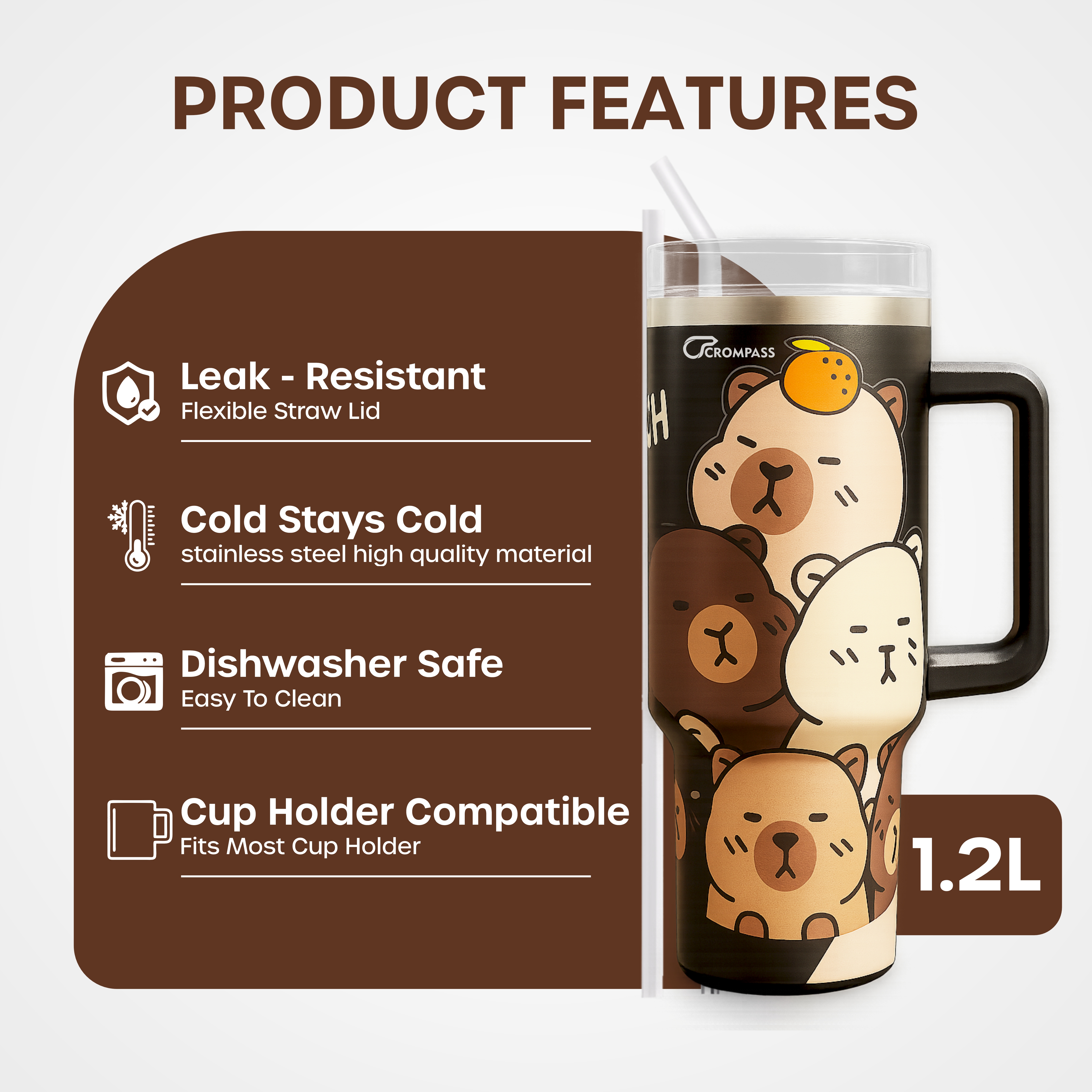 1200ml Stainless Steel Insulated Tumbler Black with Handle & Lid, Reusable Steel Straw | Leak-Resistant Travel Mug for Gym, Office, Car