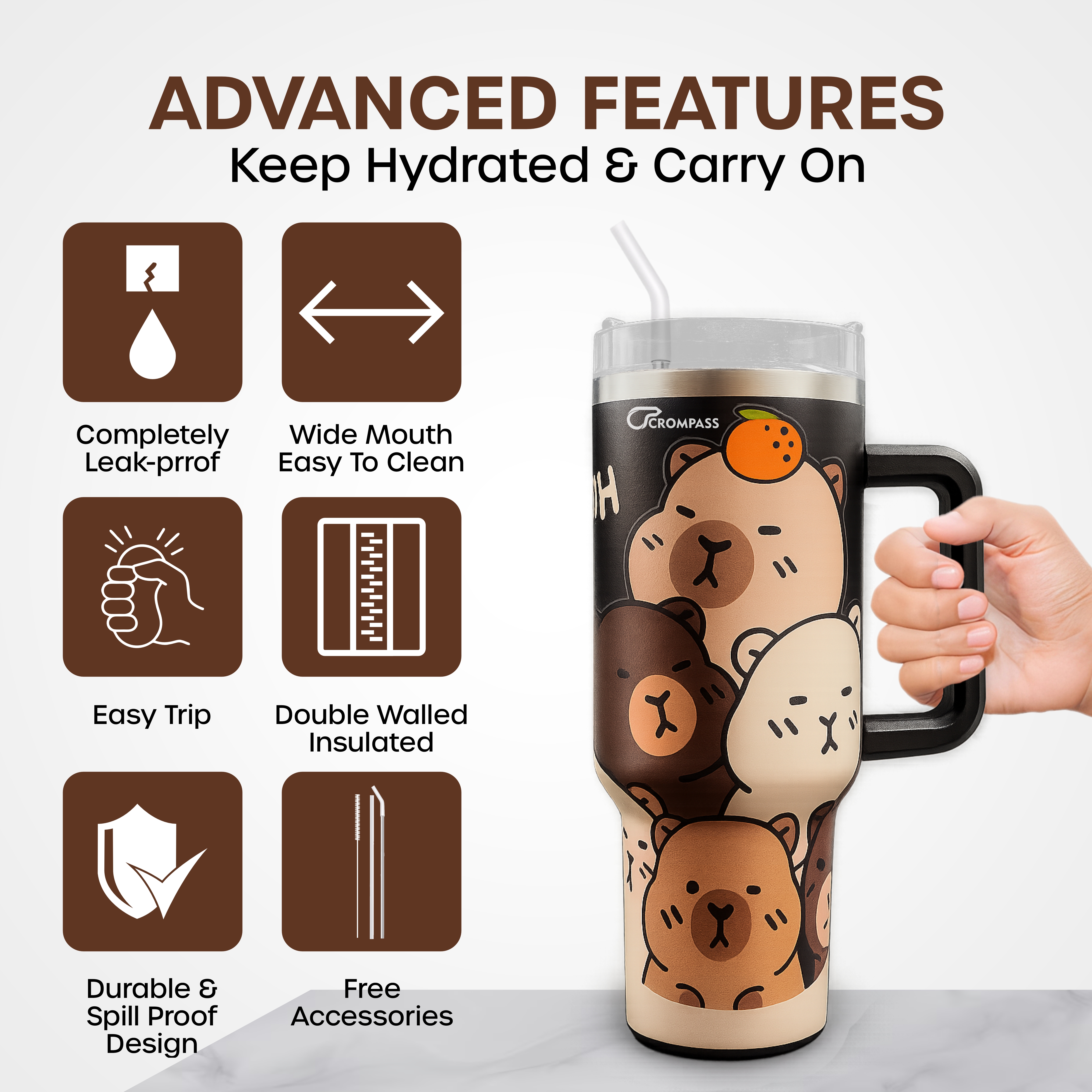 1200ml Stainless Steel Insulated Tumbler Black with Handle & Lid, Reusable Steel Straw | Leak-Resistant Travel Mug for Gym, Office, Car
