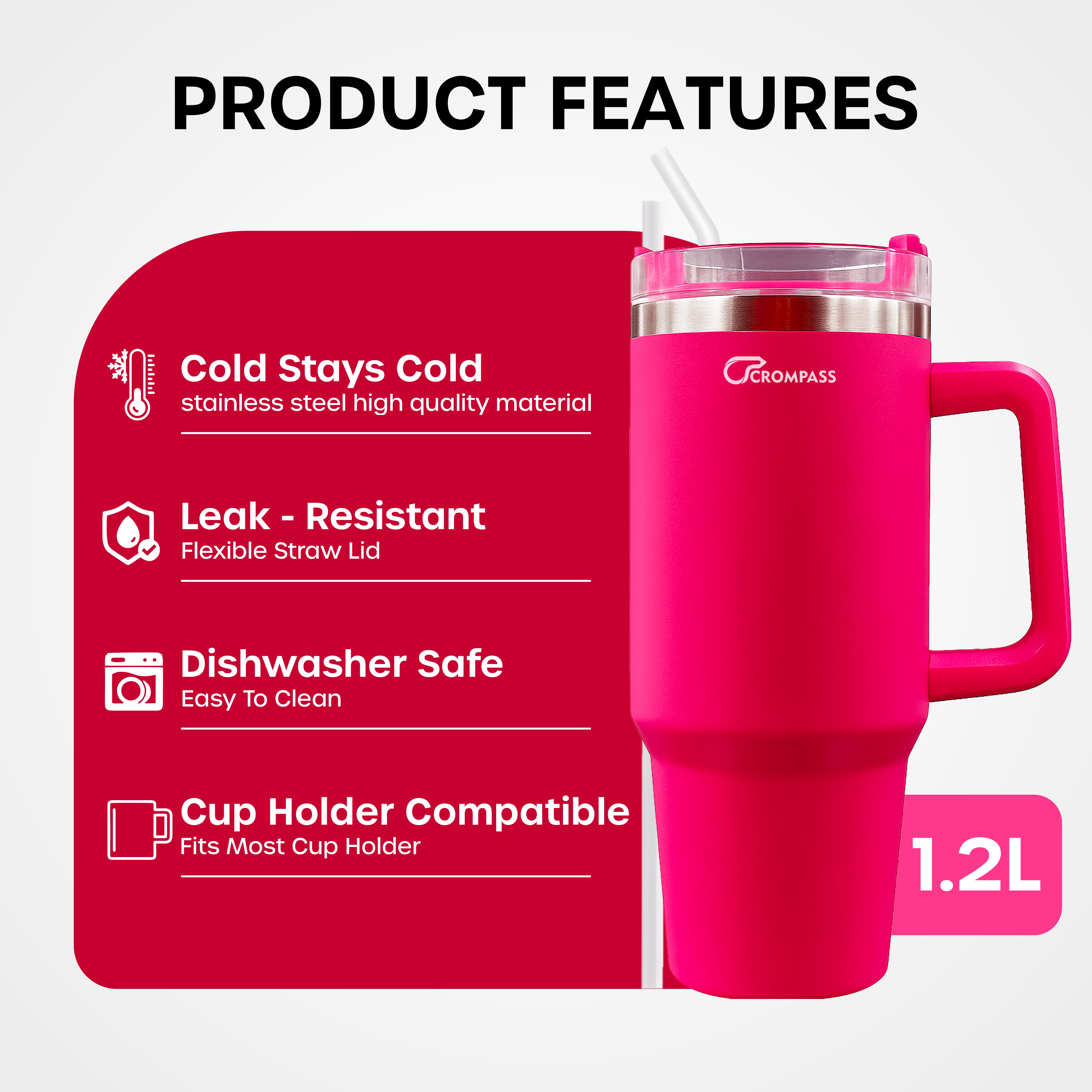 1200 ml Insulated 304 Stainless Steel Tumbler with Handle, Straw & Lid | Double Wall Vacuum Travel Mug for Hot & Cold Drinks | Leak-Resistant Coffee Cup for Office, Gym & Car Use (Hot Pink)