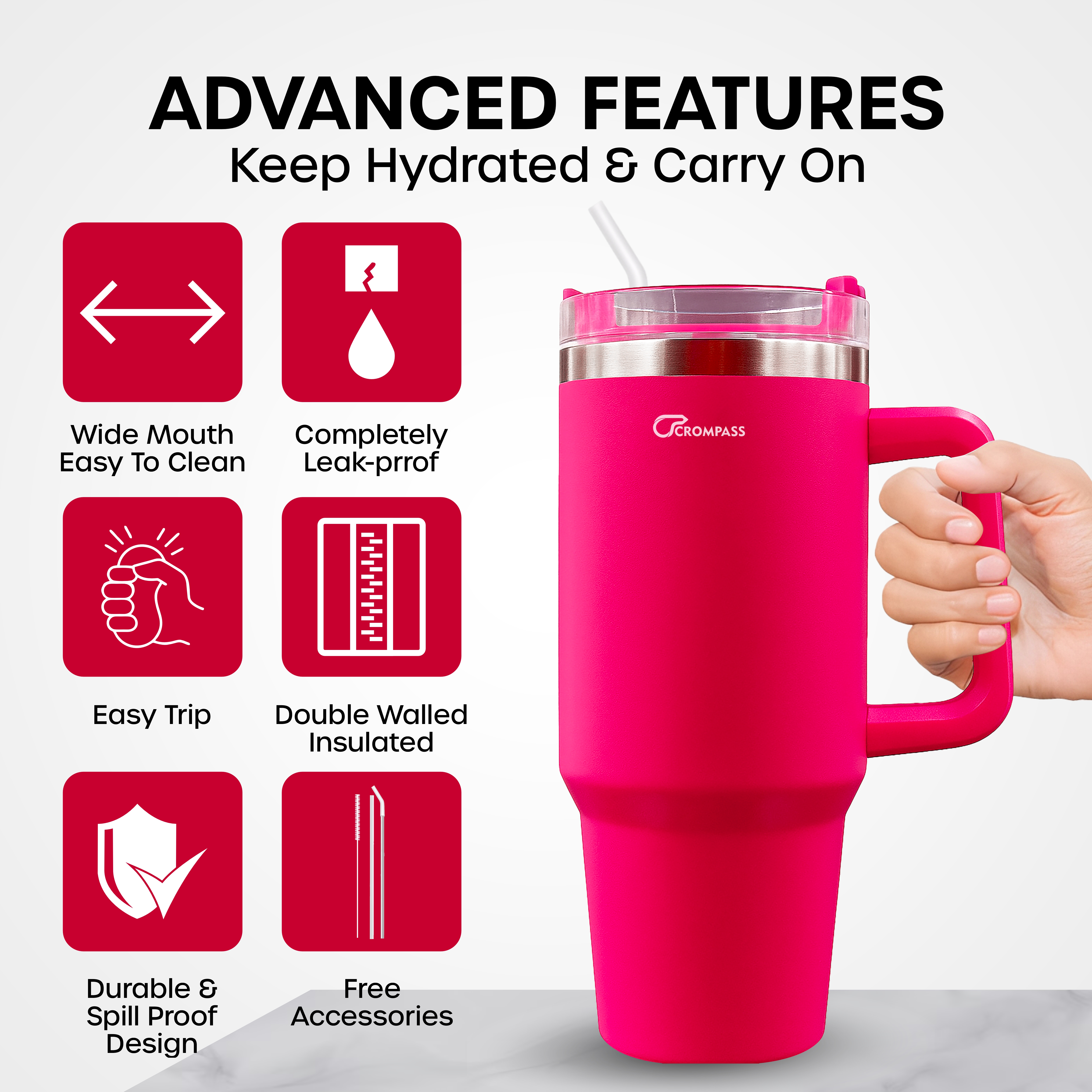 1200 ml Insulated 304 Stainless Steel Tumbler with Handle, Straw & Lid | Double Wall Vacuum Travel Mug for Hot & Cold Drinks | Leak-Resistant Coffee Cup for Office, Gym & Car Use (Hot Pink)