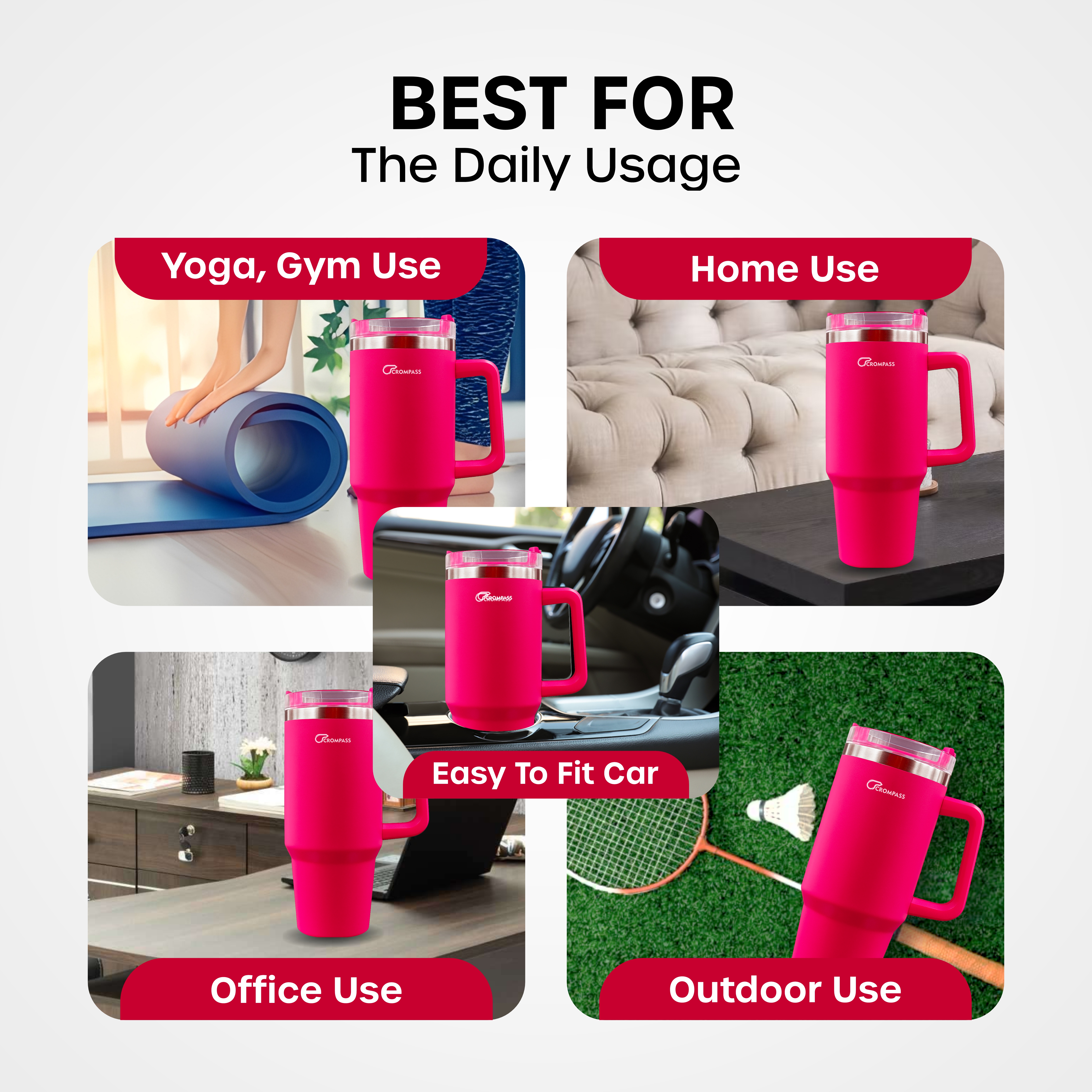 1200 ml Insulated 304 Stainless Steel Tumbler with Handle, Straw & Lid | Double Wall Vacuum Travel Mug for Hot & Cold Drinks | Leak-Resistant Coffee Cup for Office, Gym & Car Use (Hot Pink)