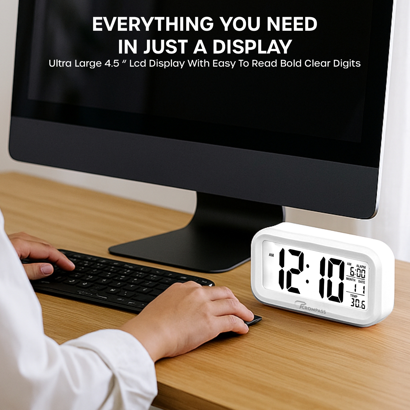 Digital Alarm Clock for Heavy Sleepers, Digital Clock Table Clock for Study Table, Students, Office | Alarm Clock for Bedroom with Loud Sound, Automatic Sensor,Date & Temperature (White)