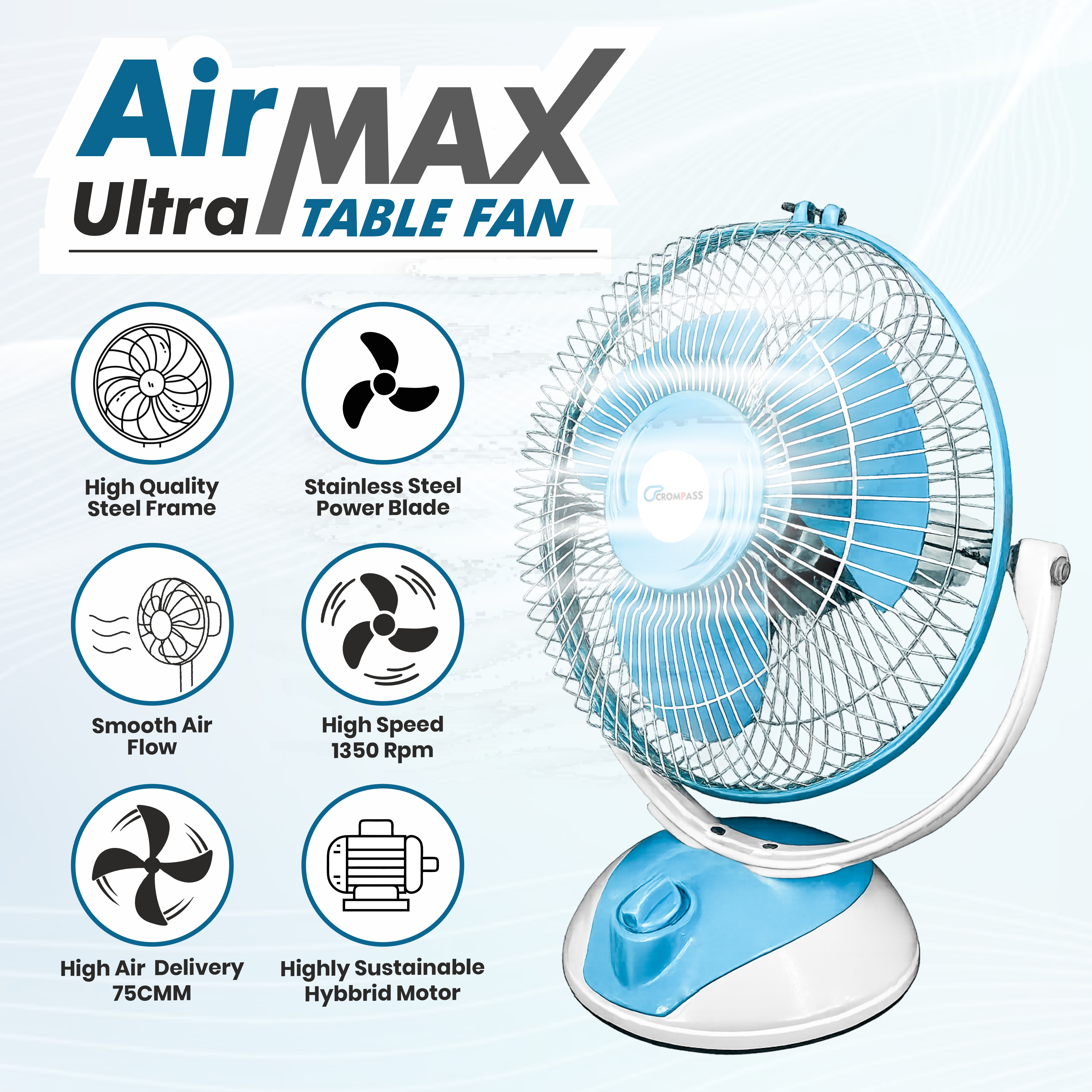 Crompass Electric Table Fan 12 Inch (400 mm) |2400 RPM Powerful Motor| High Air Delivery | 3 Speed Control | 90° Oscillation | Silent Operation | Table Fan for Home & Office | 1 Year Warranty (White)