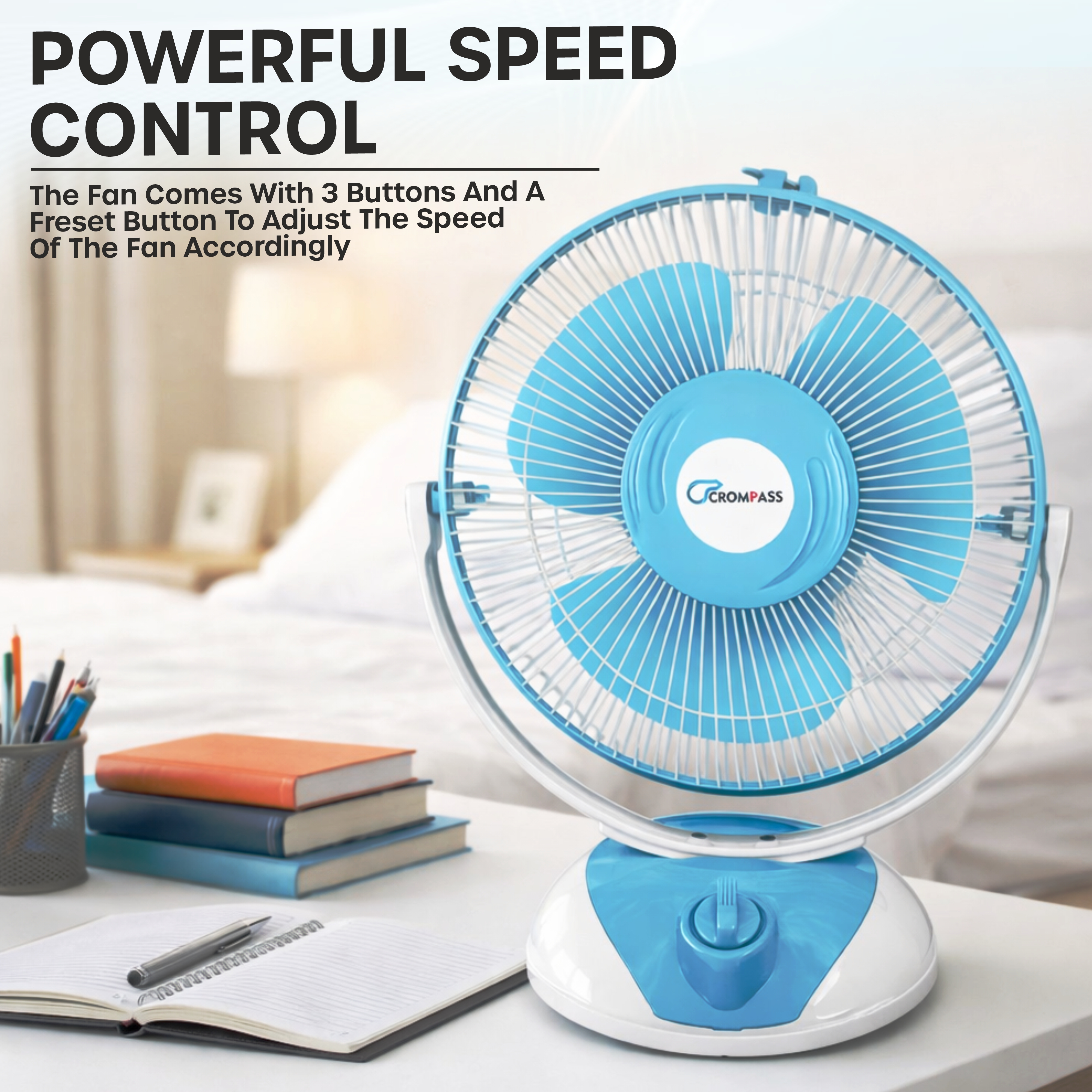 Crompass Electric Table Fan 12 Inch (400 mm) |2400 RPM Powerful Motor| High Air Delivery | 3 Speed Control | 90° Oscillation | Silent Operation | Table Fan for Home & Office | 1 Year Warranty (White)