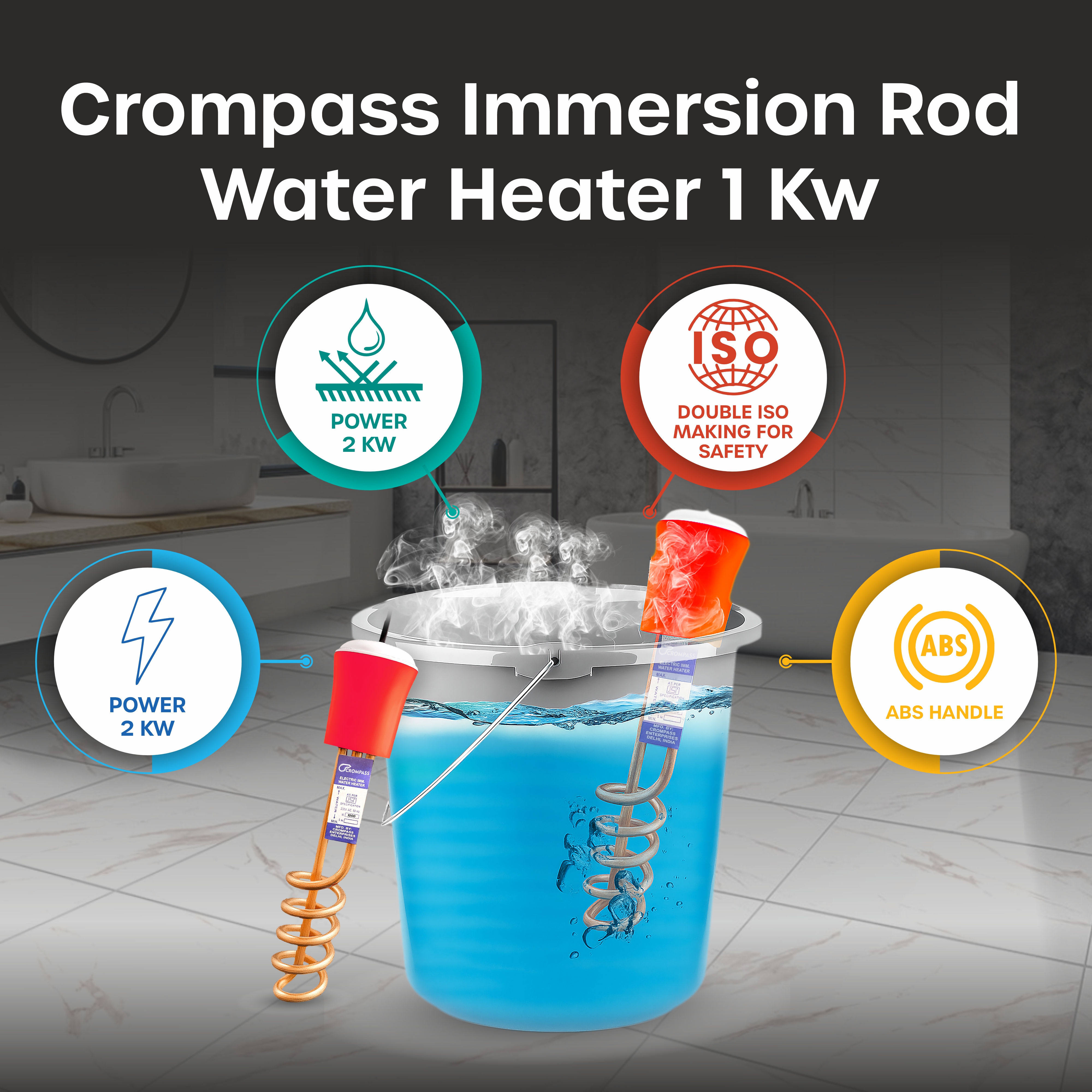Crompass Electric Arc Plus 1k W Immersion Heater Immersion heater|power|100% shock proof body|Heavy copper element|With Bucket clip| ISI certified | 2 years replacement warranty,