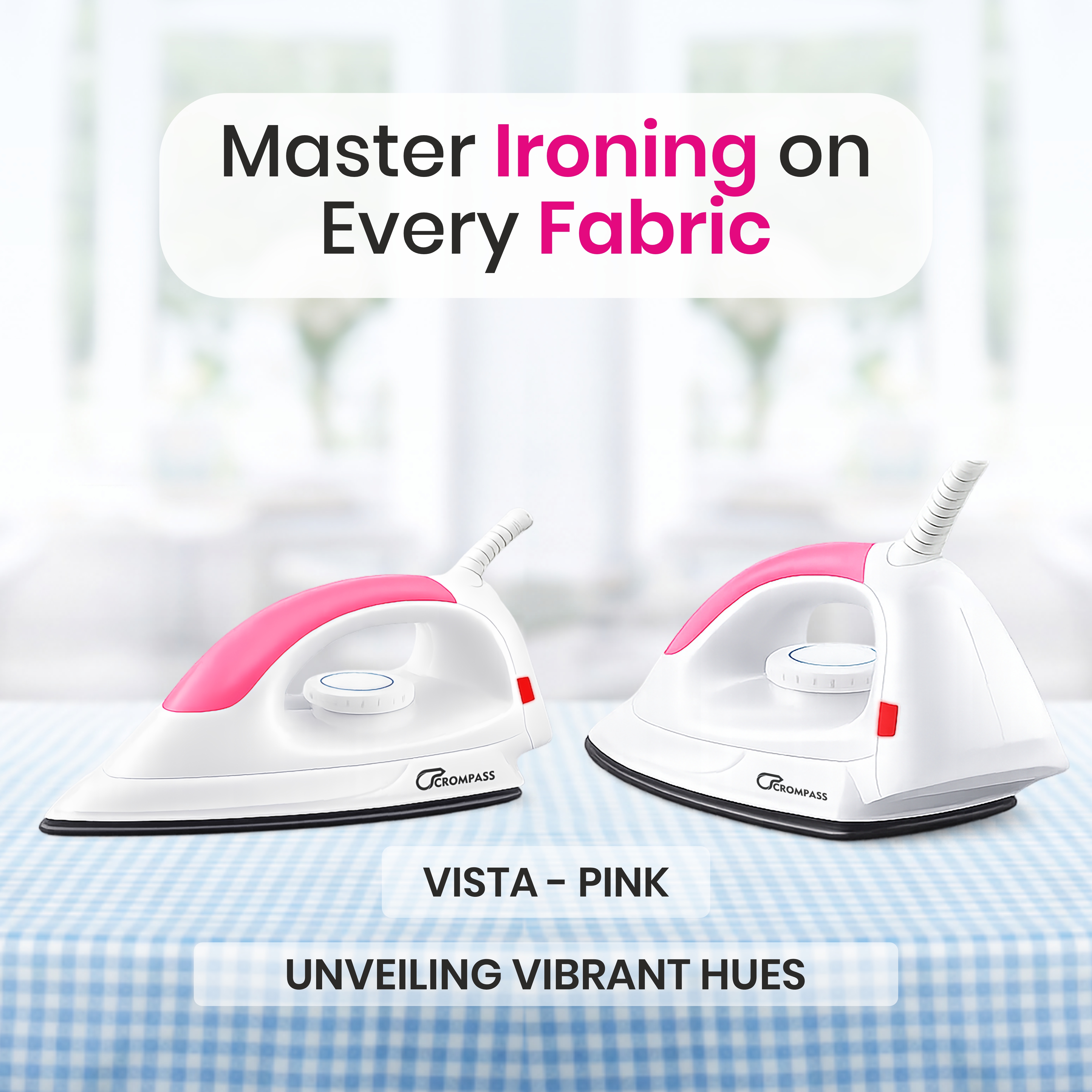 Crompass Light Weight Non-Stick Teflon Coated Dry Iron, Electric Iron for Clothes | 2 Year Warranty| (1100 Watt, Pink)