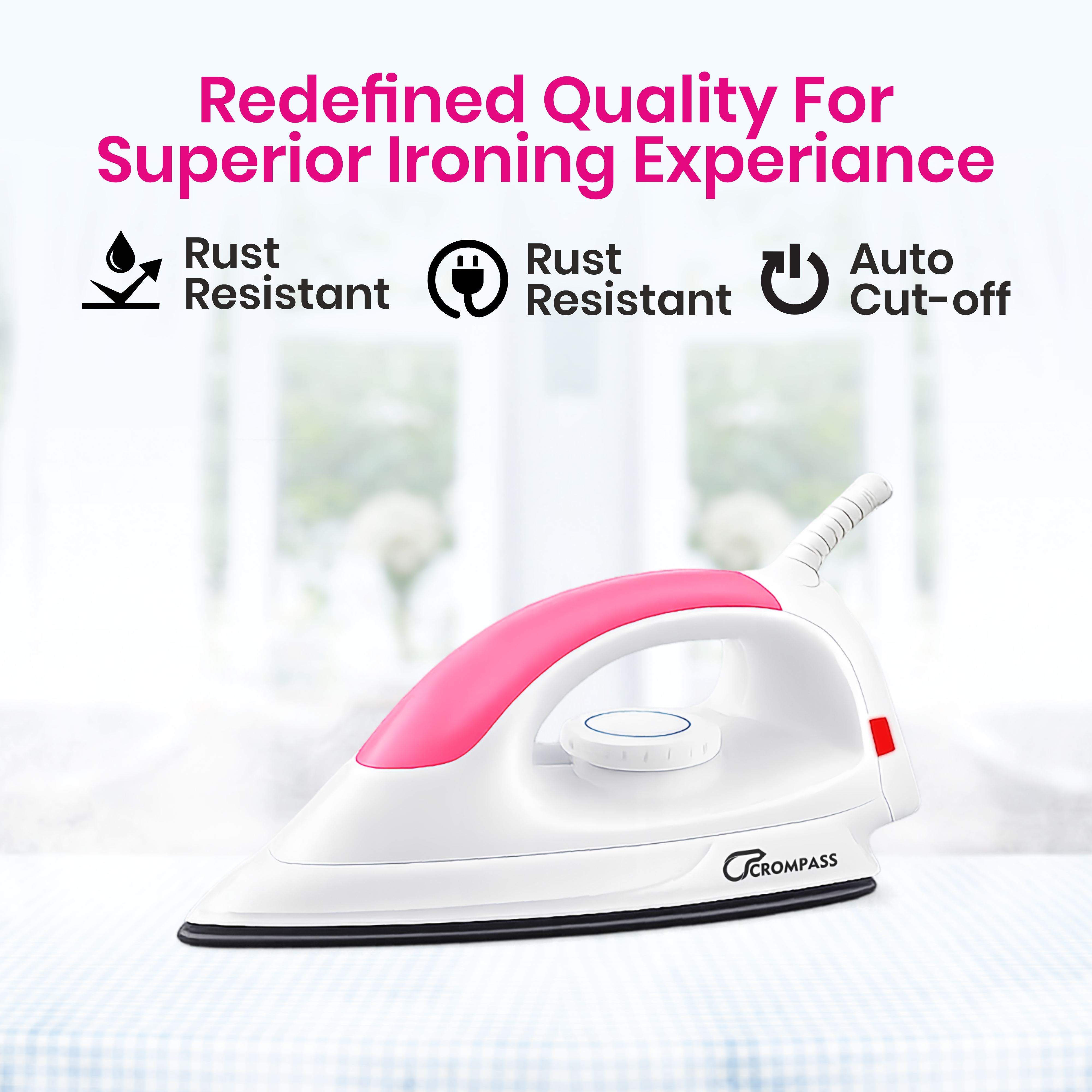 Crompass Light Weight Non-Stick Teflon Coated Dry Iron, Electric Iron for Clothes | 2 Year Warranty| (1100 Watt, Pink)