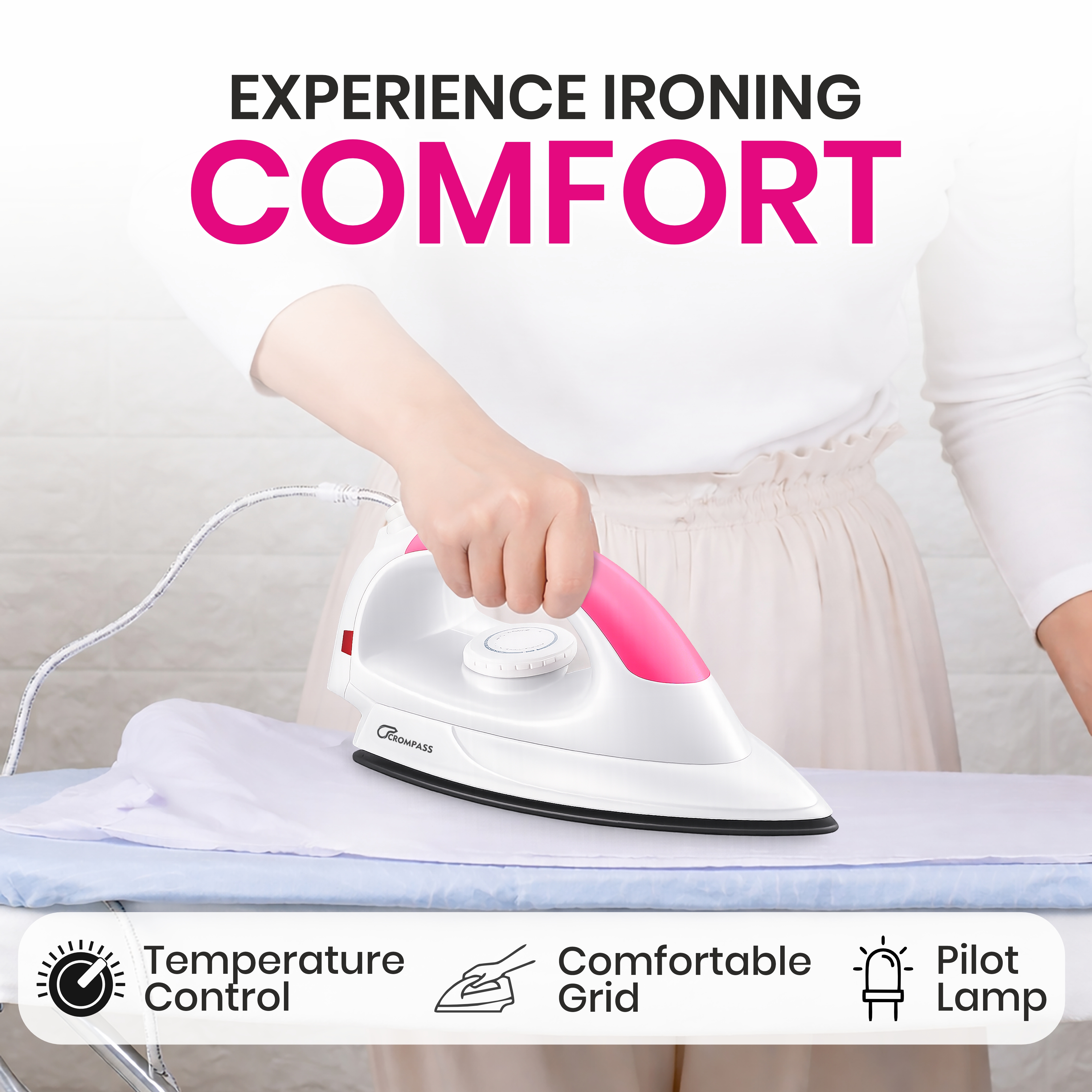 Crompass Light Weight Non-Stick Teflon Coated Dry Iron, Electric Iron for Clothes | 2 Year Warranty| (1100 Watt, Pink)