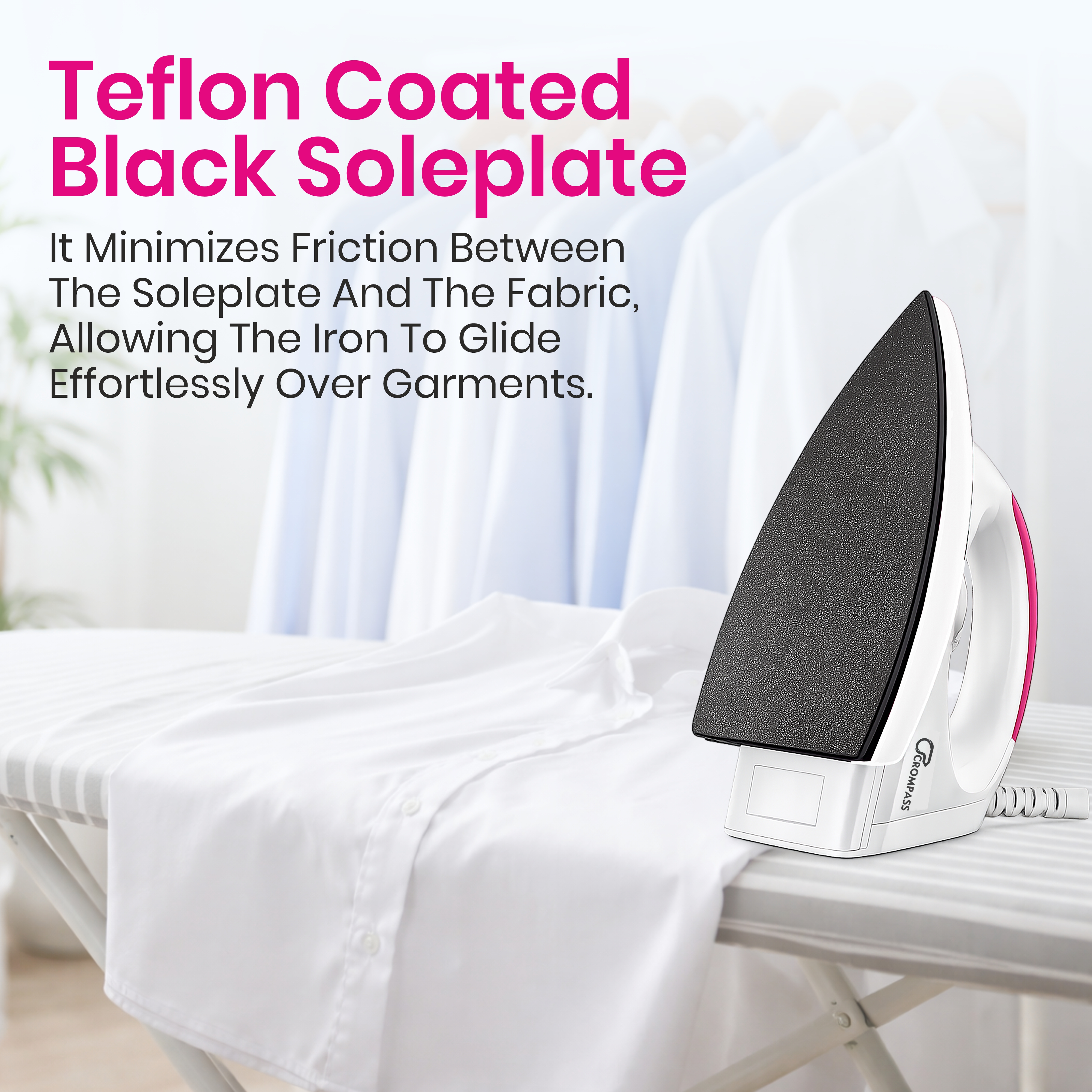 Crompass Light Weight Non-Stick Teflon Coated Dry Iron, Electric Iron for Clothes | 2 Year Warranty| (1100 Watt, Pink)