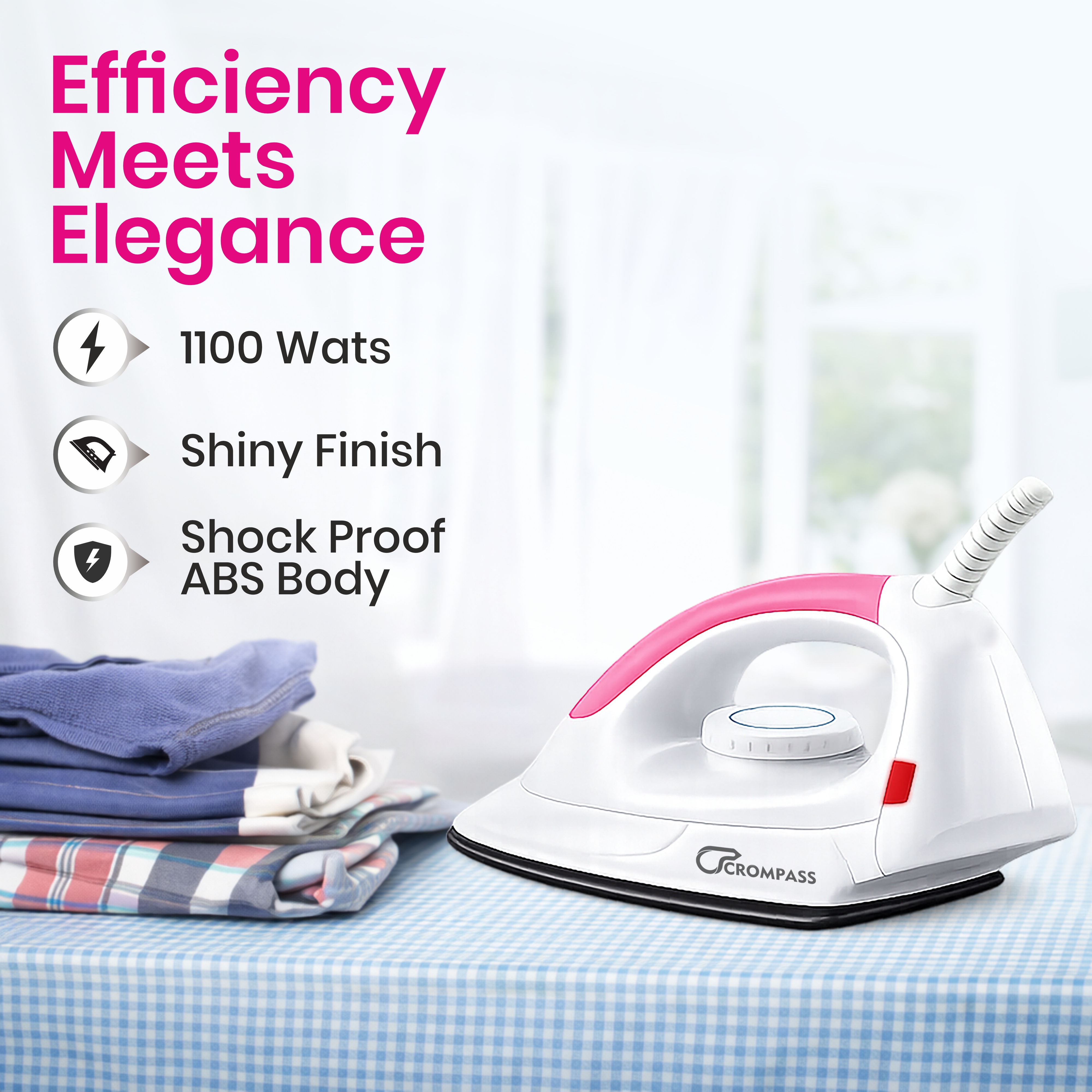 Crompass Light Weight Non-Stick Teflon Coated Dry Iron, Electric Iron for Clothes | 2 Year Warranty| (1100 Watt, Pink)