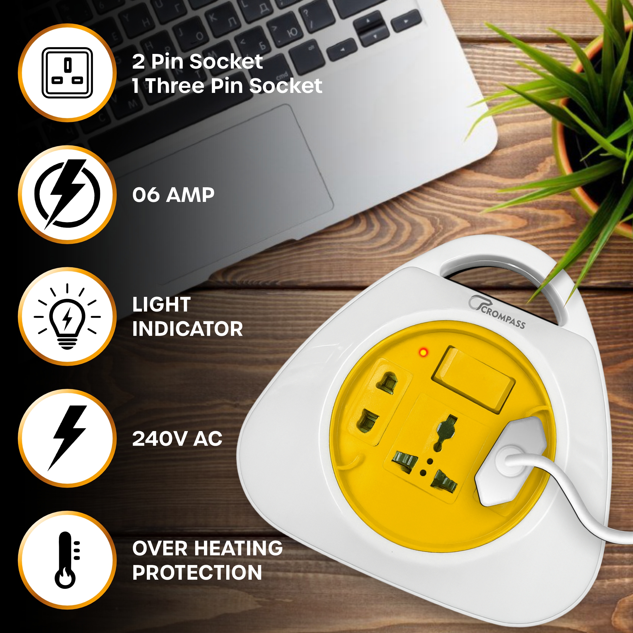 Crompass Trio 2-Pin Flex Box with 5M Copper Cord | Universal 3-Pin & 2-Pin Sockets | Master Switch, LED Indicator | Safety Sleeve, Cable Guard, Polycarbonate Body | Home & Office Use
