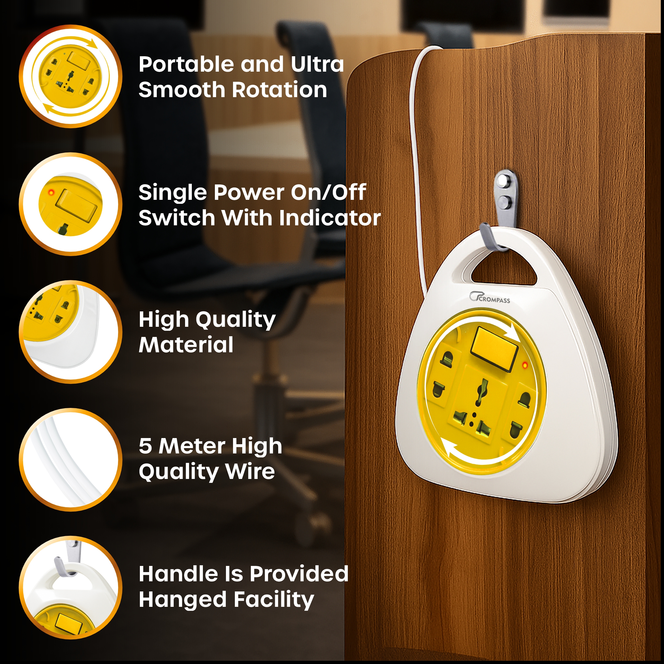 Crompass Trio 2-Pin Flex Box with 5M Copper Cord | Universal 3-Pin & 2-Pin Sockets | Master Switch, LED Indicator | Safety Sleeve, Cable Guard, Polycarbonate Body | Home & Office Use