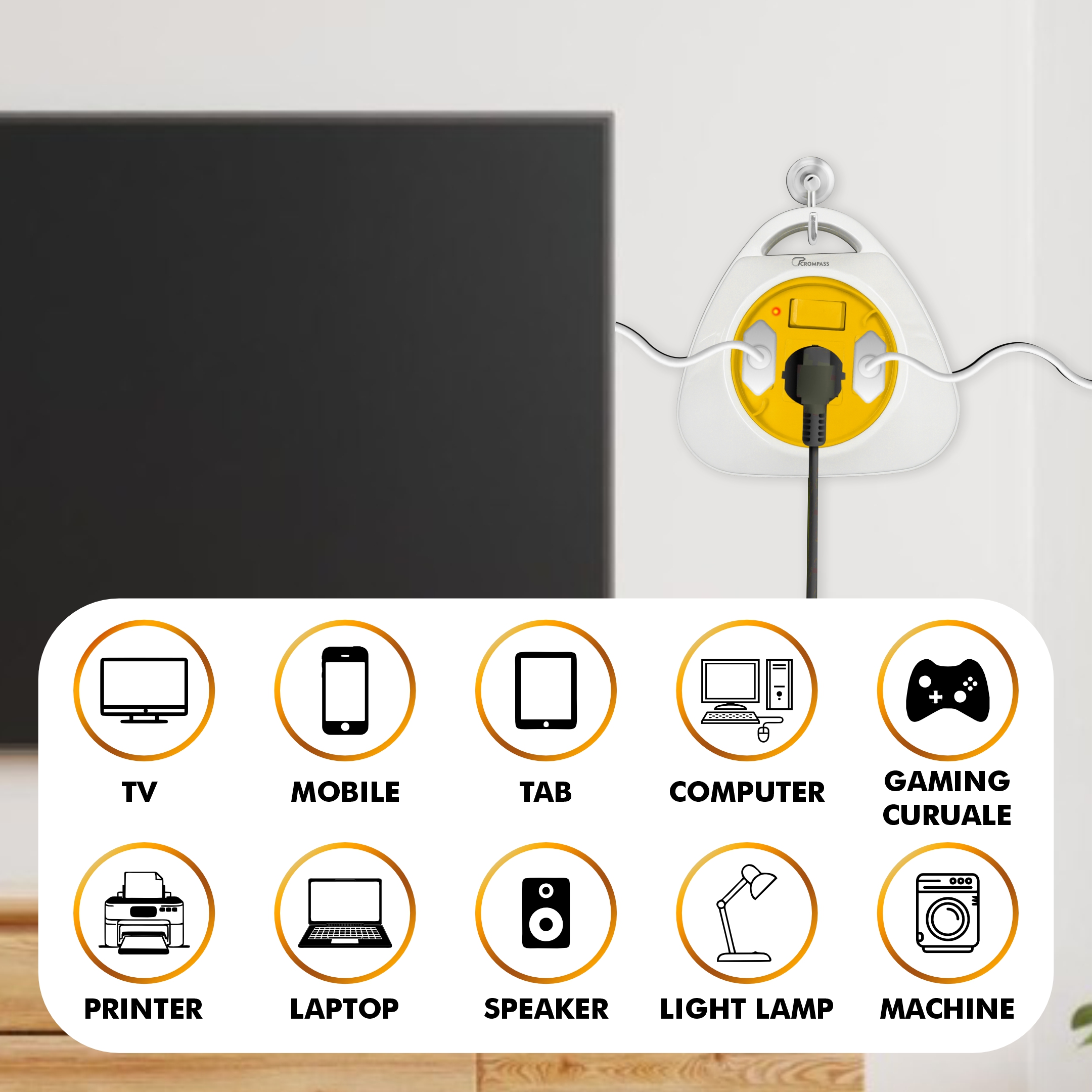 Crompass Trio 2-Pin Flex Box with 5M Copper Cord | Universal 3-Pin & 2-Pin Sockets | Master Switch, LED Indicator | Safety Sleeve, Cable Guard, Polycarbonate Body | Home & Office Use
