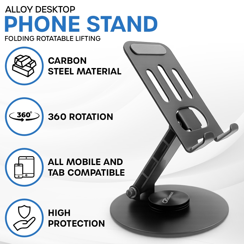 Crompass 360° Rotation, Foldable Design Mobile Stand with Stable Metalic Round Base, Multiple Height & Angle adjustments Compatible with Smartphones, Tablets, Kindles & iPad (Twistand 360, Black)