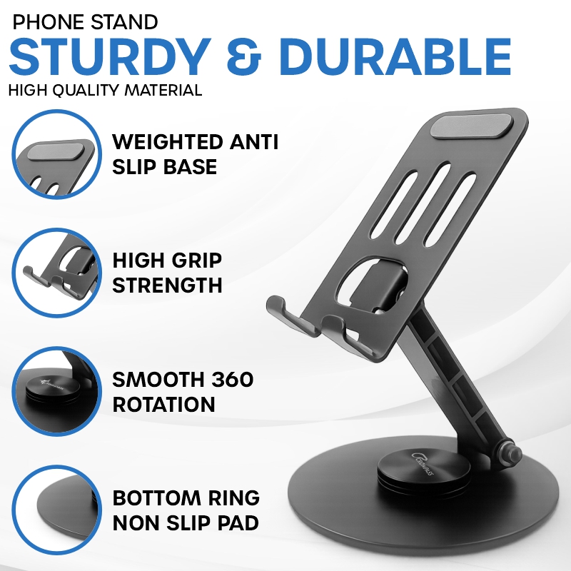 Crompass 360° Rotation, Foldable Design Mobile Stand with Stable Metalic Round Base, Multiple Height & Angle adjustments Compatible with Smartphones, Tablets, Kindles & iPad (Twistand 360, Black)