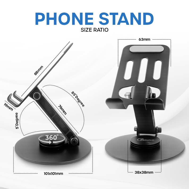 Crompass 360° Rotation, Foldable Design Mobile Stand with Stable Metalic Round Base, Multiple Height & Angle adjustments Compatible with Smartphones, Tablets, Kindles & iPad (Twistand 360, Black)