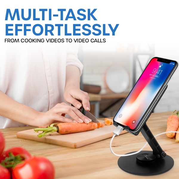 Crompass 360° Rotation, Foldable Design Mobile Stand with Stable Metalic Round Base, Multiple Height & Angle adjustments Compatible with Smartphones, Tablets, Kindles & iPad (Twistand 360, Black)