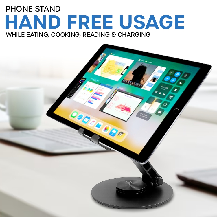 Crompass 360° Rotation, Foldable Design Mobile Stand with Stable Metalic Round Base, Multiple Height & Angle adjustments Compatible with Smartphones, Tablets, Kindles & iPad (Twistand 360, Black)