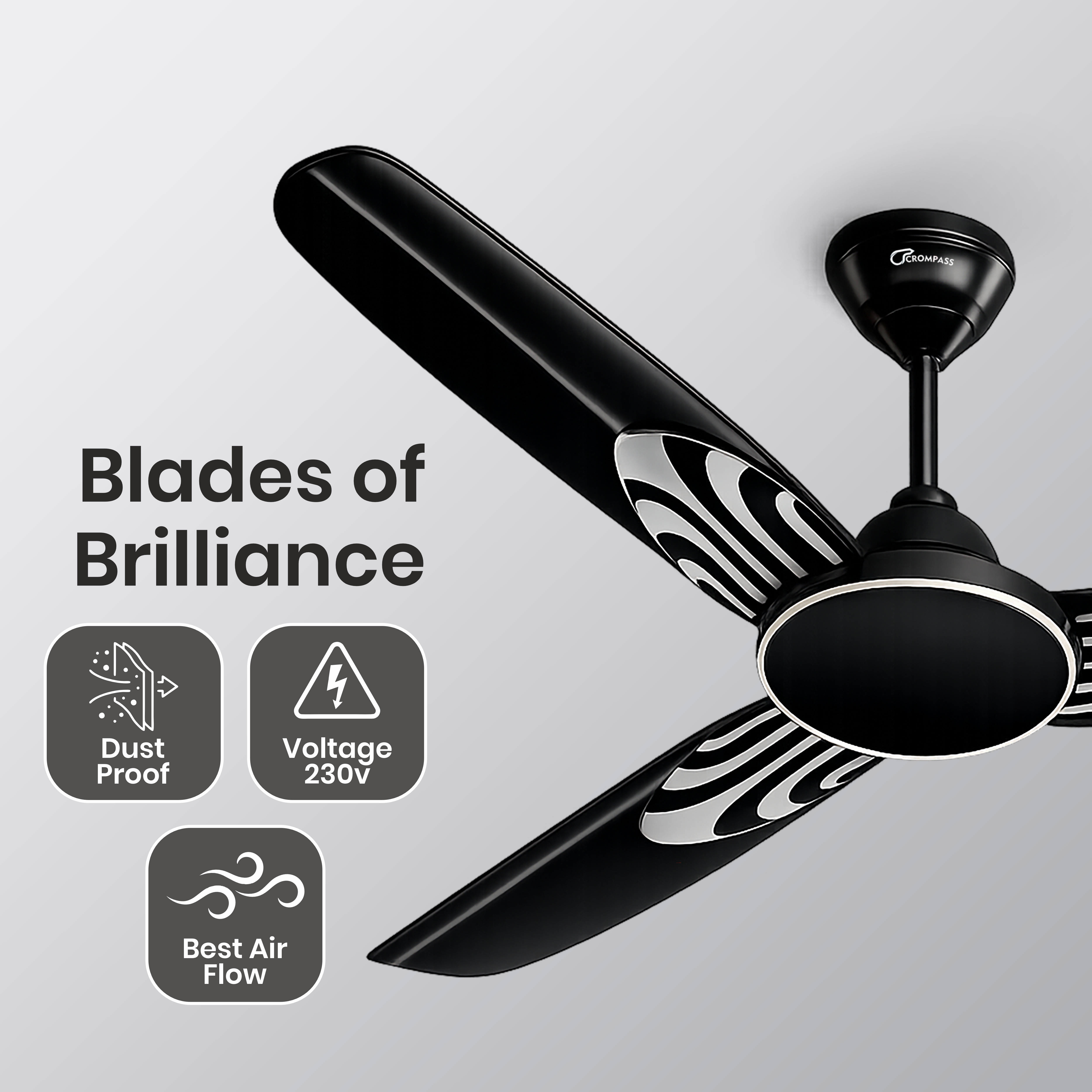 Crompass Premium Ceiling Fan | High-Speed Silent Motor with Double Ball Bearings | Aerodynamic Aluminium Blades | Elegant Decorative Design for Home & Office